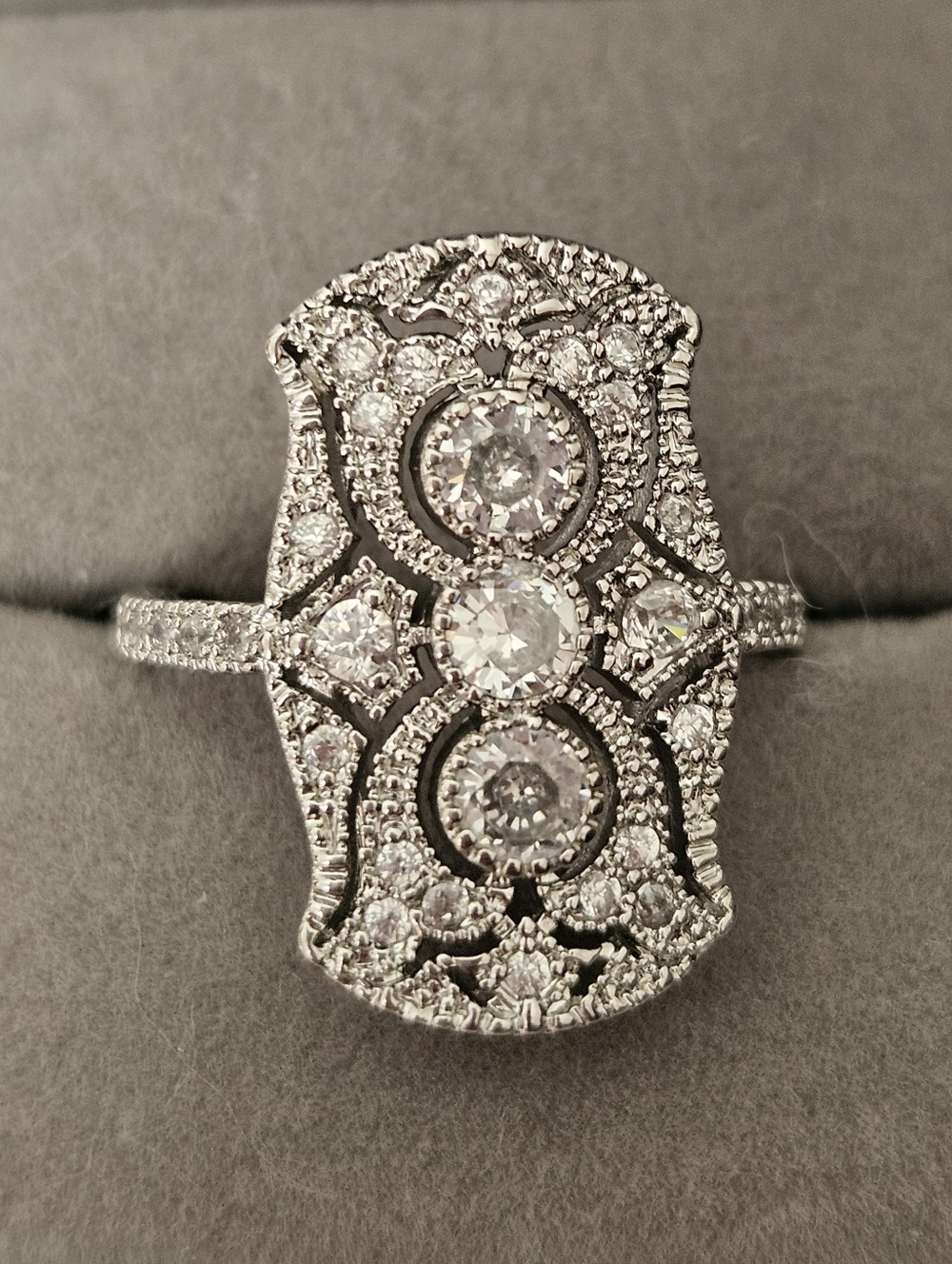 Sheild Ring Silver-Tone Art Deco Cubic Zirconia Statement Ring NWT
